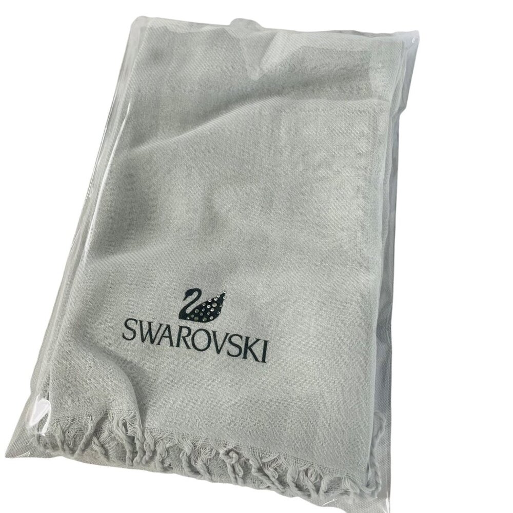 Swarovski Light Gray Scarf With Crystal Embellishments & Fringe Trim 72 Inch - Picture 2 of 11